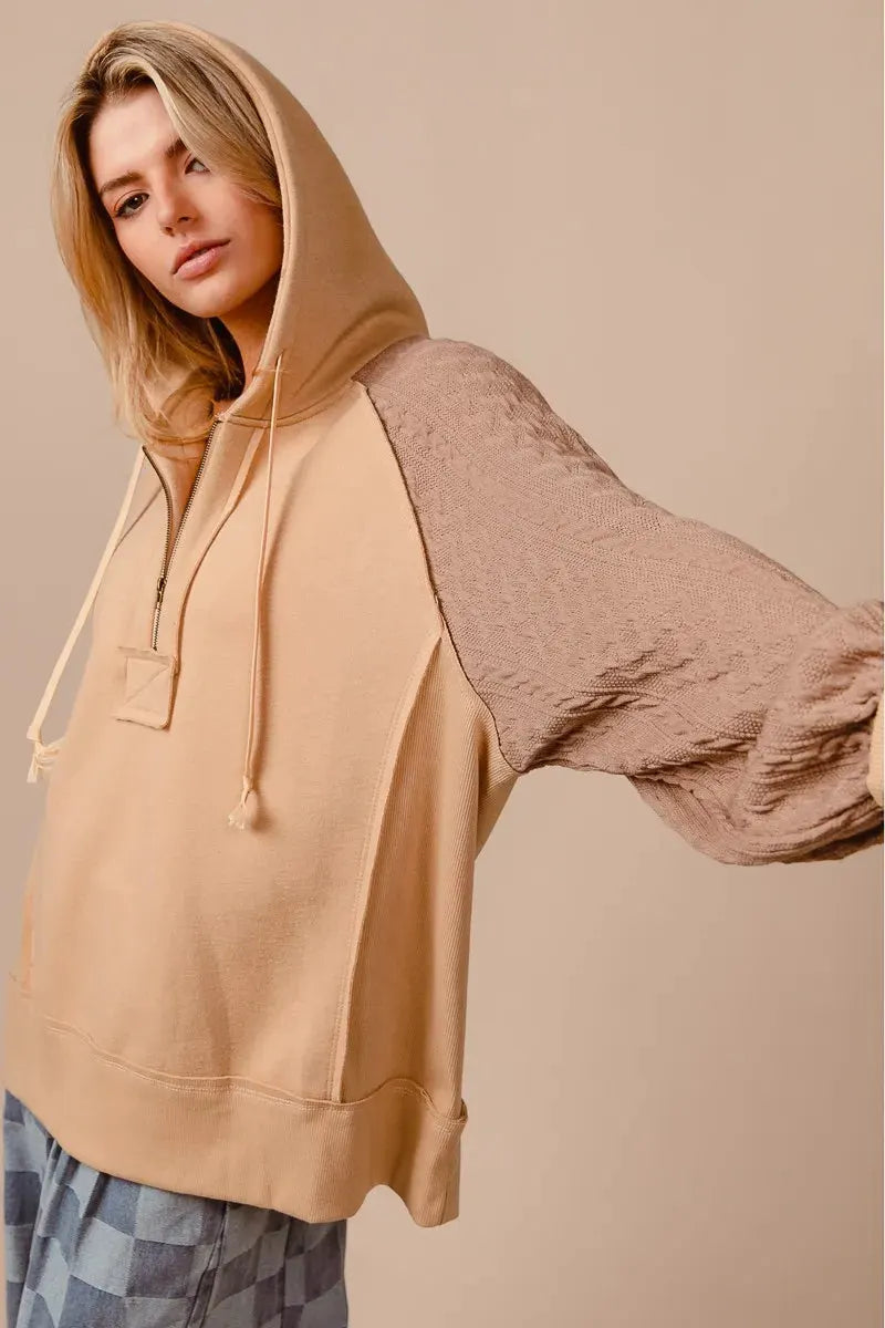 BiBi Half Zip French Terry Hoodie with Kint Sleeves by BiBi