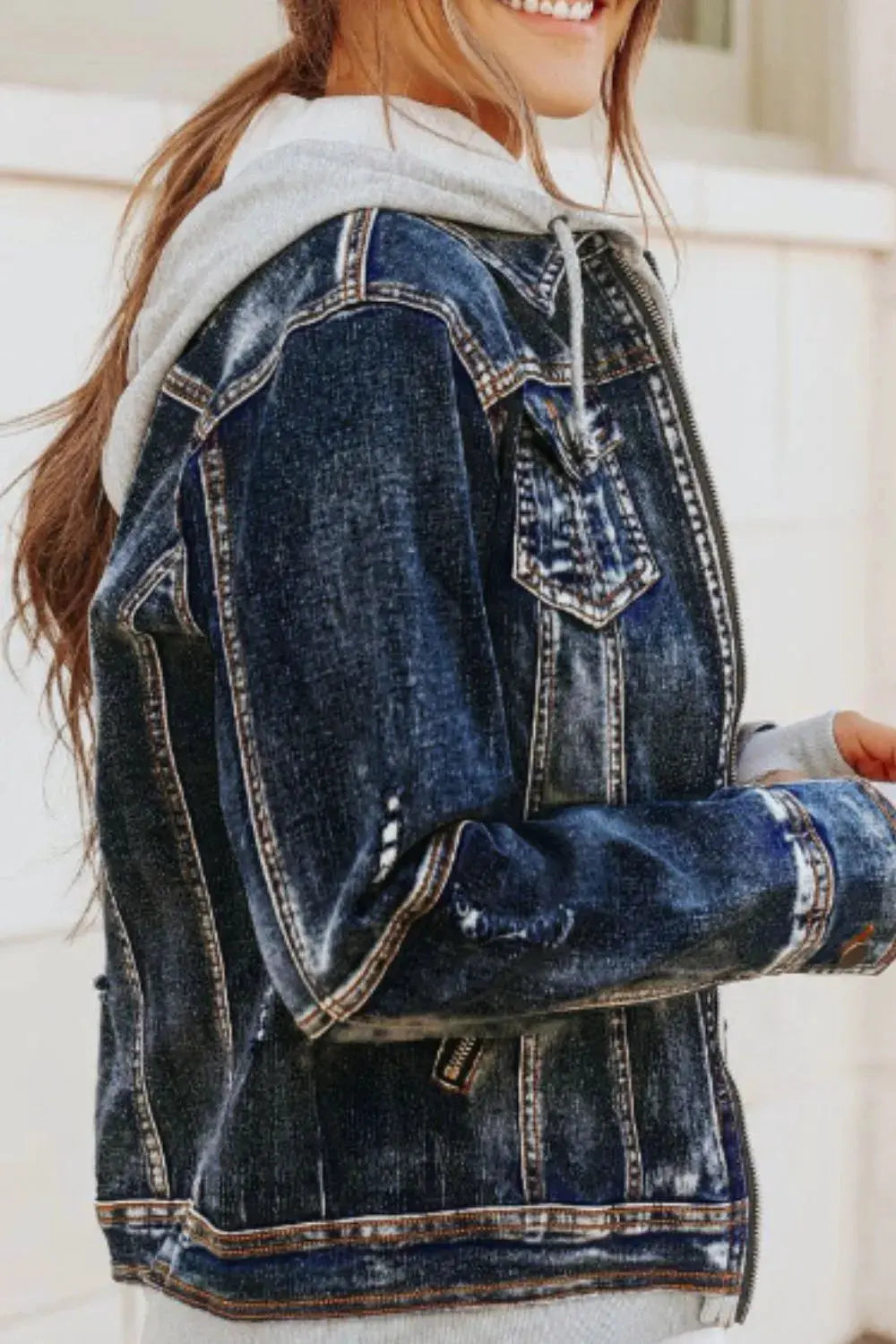 Fake Two-Piece Hooded Zip-Up Denim Jacket by Partner Label