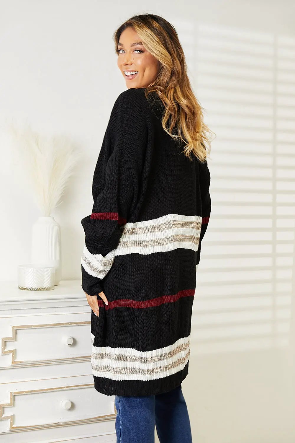 Perfee Striped Rib-Knit Drop Shoulder Open Front Cardigan by Perfee