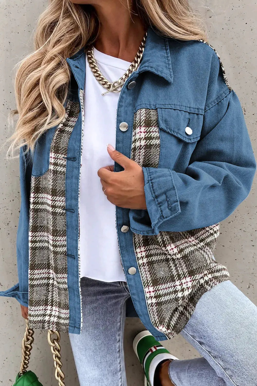 Plaid Pocketed Button Up Denim Jacket by Partner Label