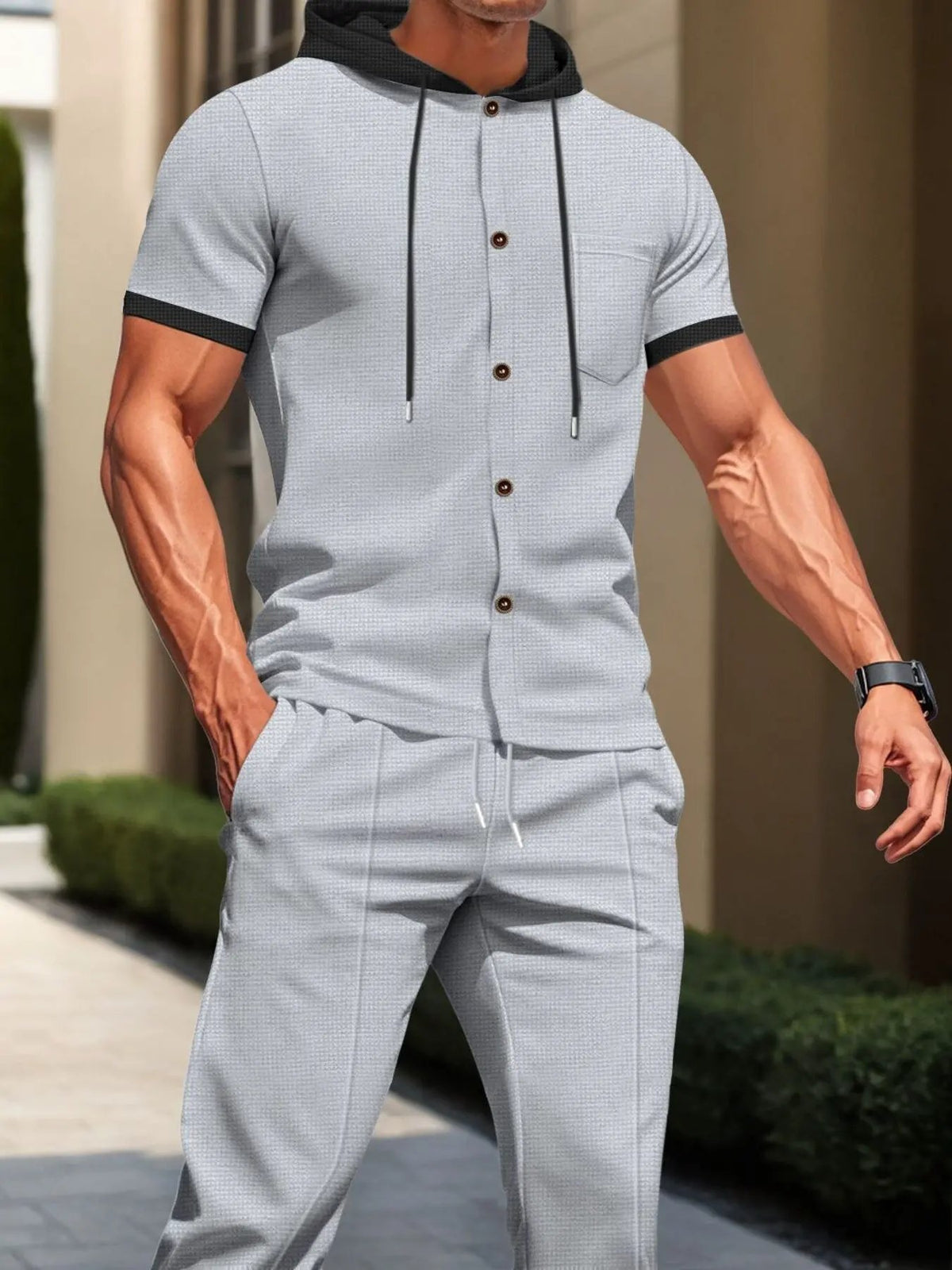 Men's Full Size Short-Sleeve Hooded Top and Shorts Set Plus Size by Trendsi