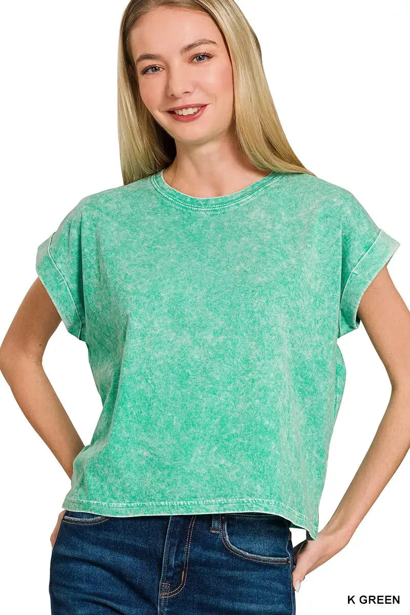 Zenana Halo Washed Cotton Cuffed Short Sleeve Top by Zenana