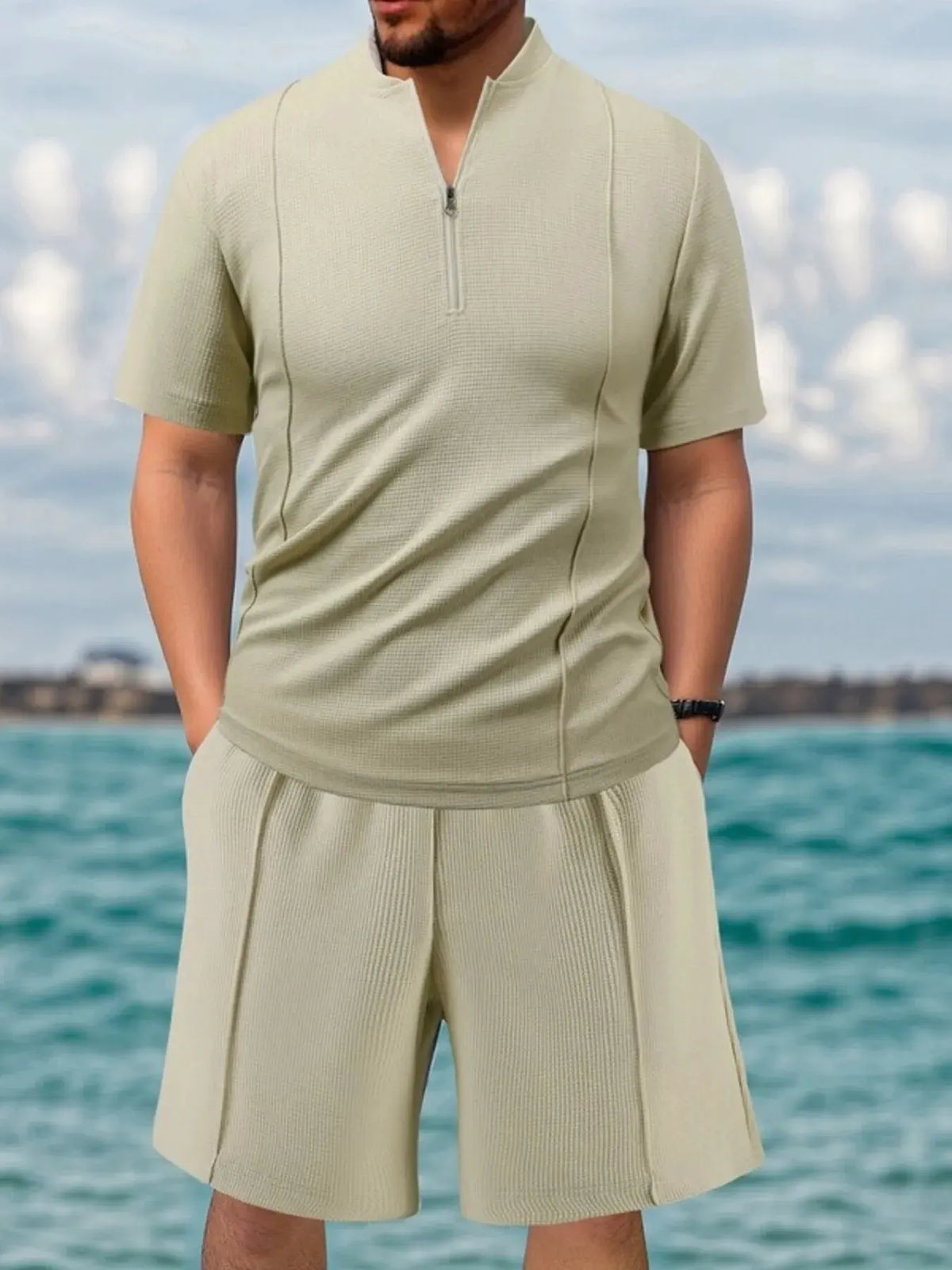 Men's Full Size Zip Front Short Sleeve Top and Shorts Set Plus Size by Trendsi