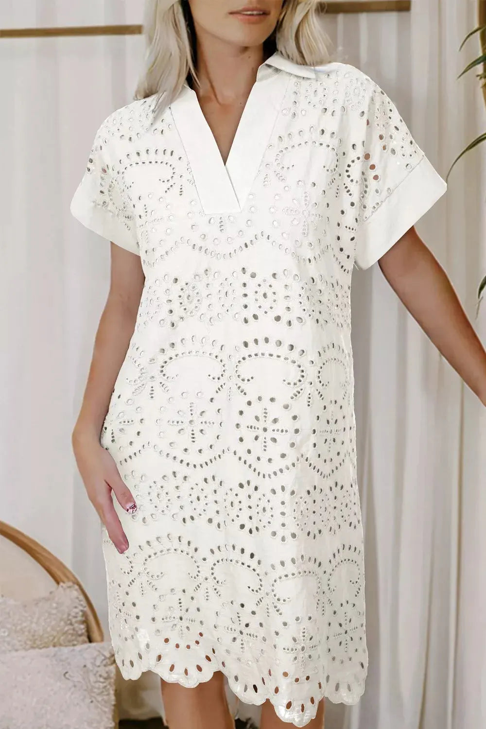 Solid Color Eyelet Embroidered T Shirt Mini Dress by Partner Label
