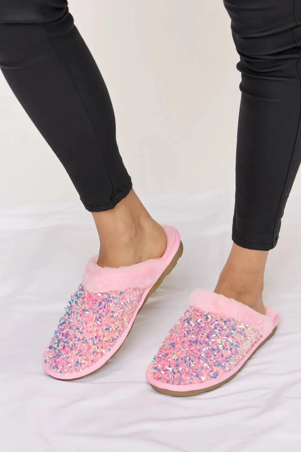 Forever Link Sequin Plush Round Toe Slippers by Forever Link