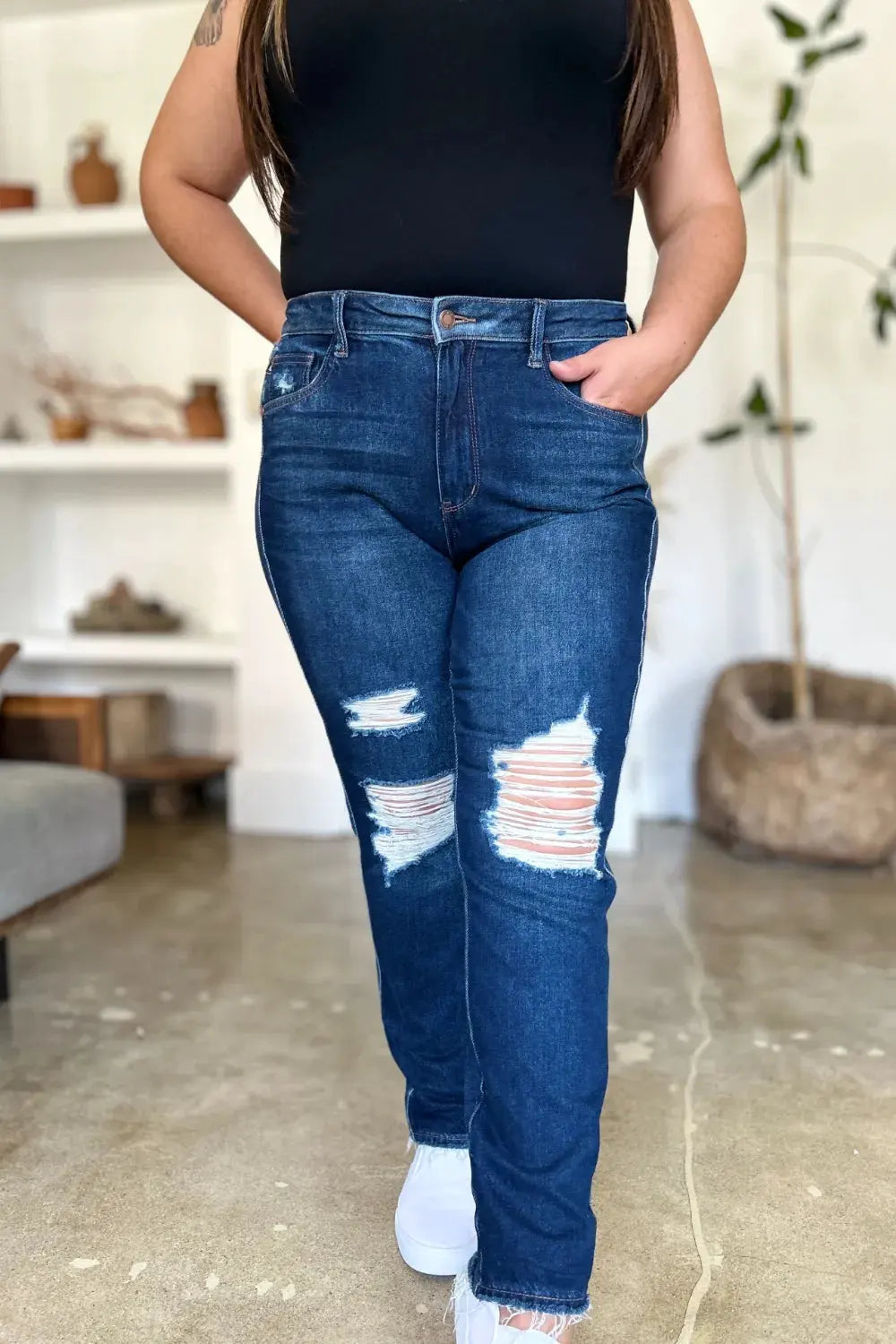 Judy Blue Full Size High Waist Rigid Magic Heavy Destroy Straight Jeans by Judy Blue