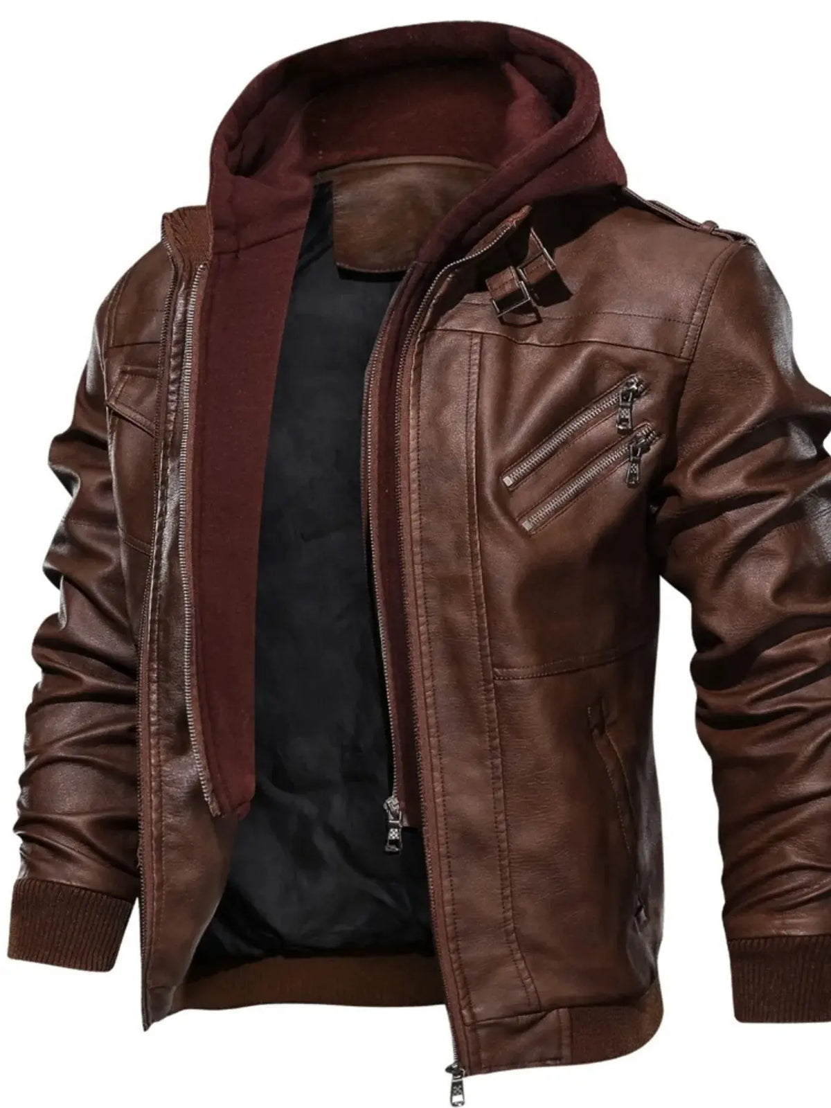 Men's Full Size Hooded Faux Leather Motorcycle Jacket Plus Size by Trendsi