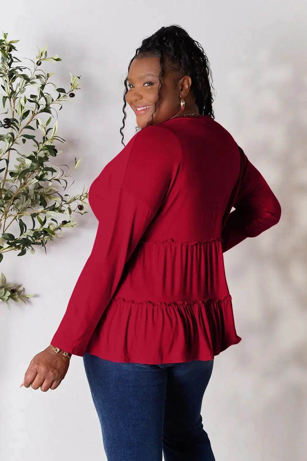 Double Take Half Button Long Sleeve Ruffle Hem Blouse by Double Take