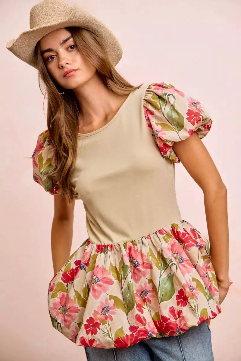 BiBi Floral Printed Bubble Sleeves and Hem Peplum Top by BiBi