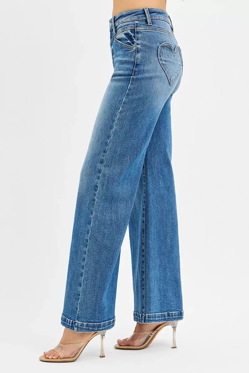 RISEN High Rise Wide Leg Jenas with Front Yoke and Heart Back Pocket by RISEN