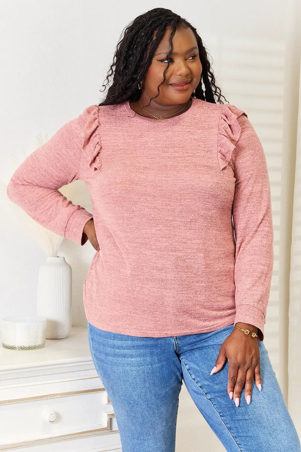 Double Take Ruffle Shoulder Long Sleeve T-Shirt by Double Take
