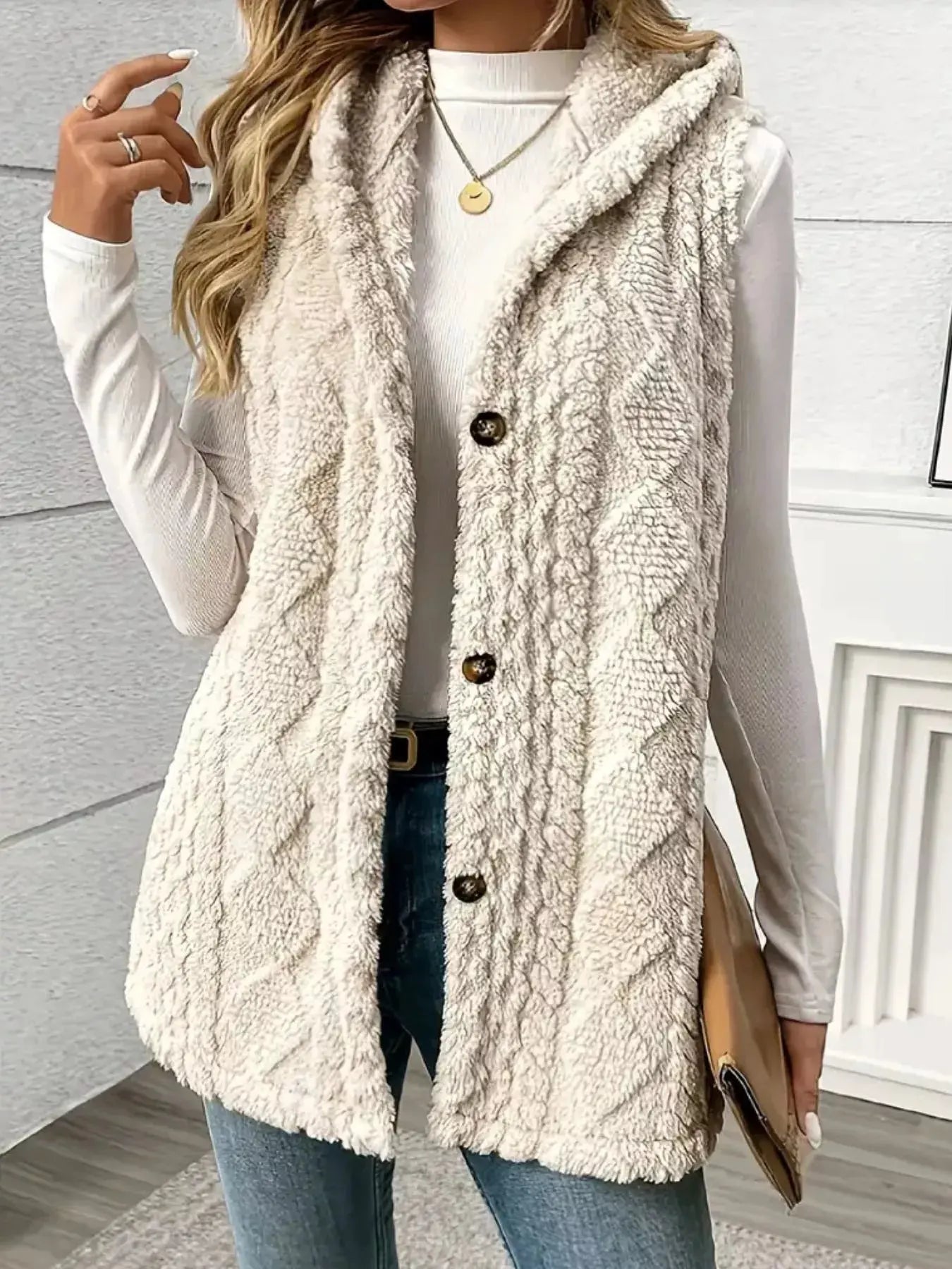 Button‑Down Sherpa Hooded Vest Coat | Partner Labels Selection by Partner Label