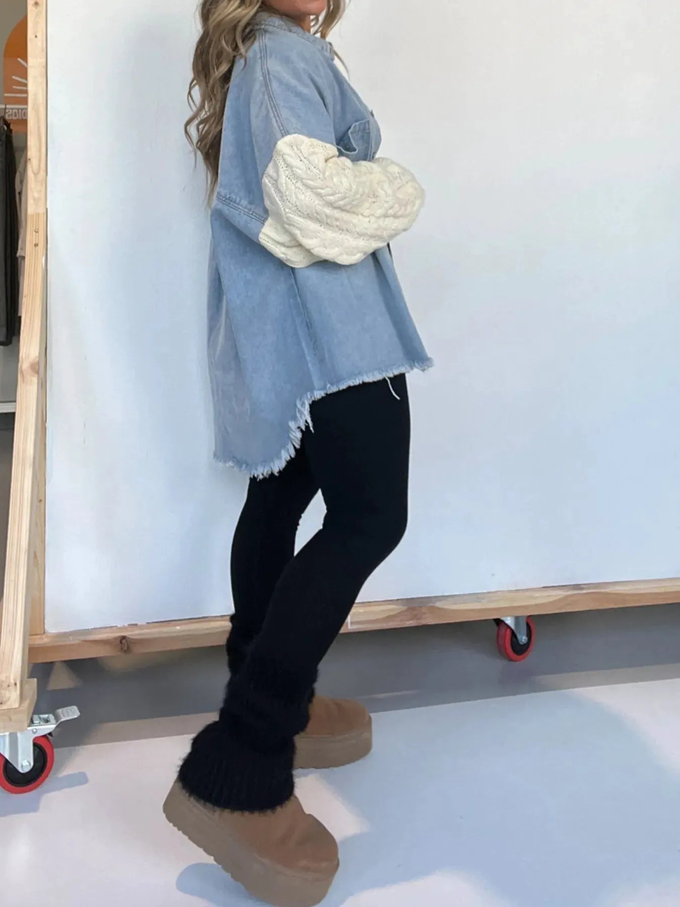 Full Size Raw Hem Button Up Patchwork Denim Jacket Plus Size by Partner Label