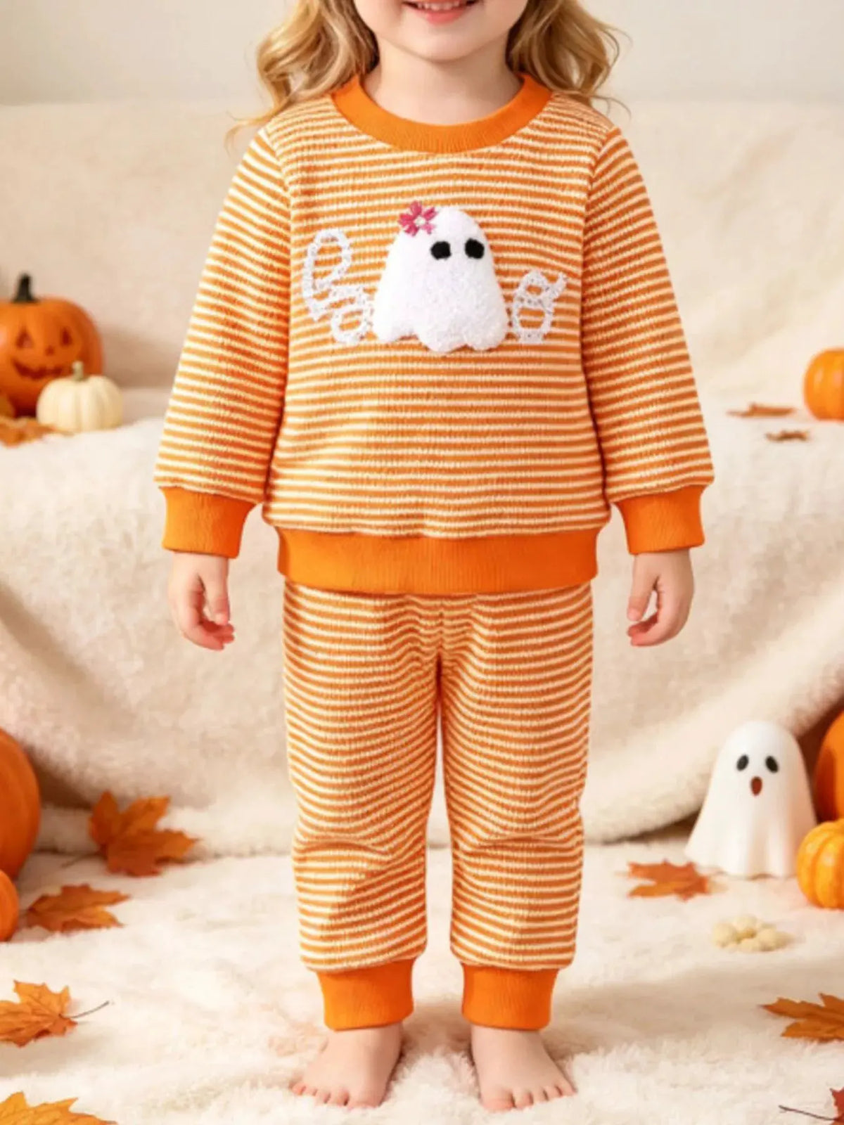 Children's Halloween Striped Ghost Top and Pants Set by Trendsi