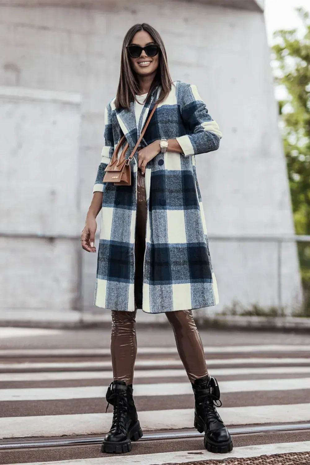 Double Take Full Size Plaid Button Up Lapel Collar Coat by Double Take