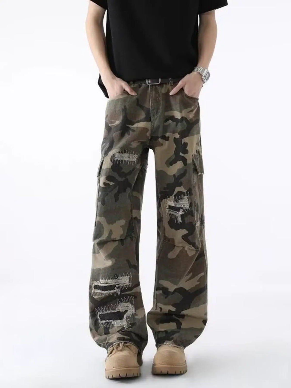 Men's Full Size Distressed Camouflage Wide Leg Jeans Plus Size by Partner Label