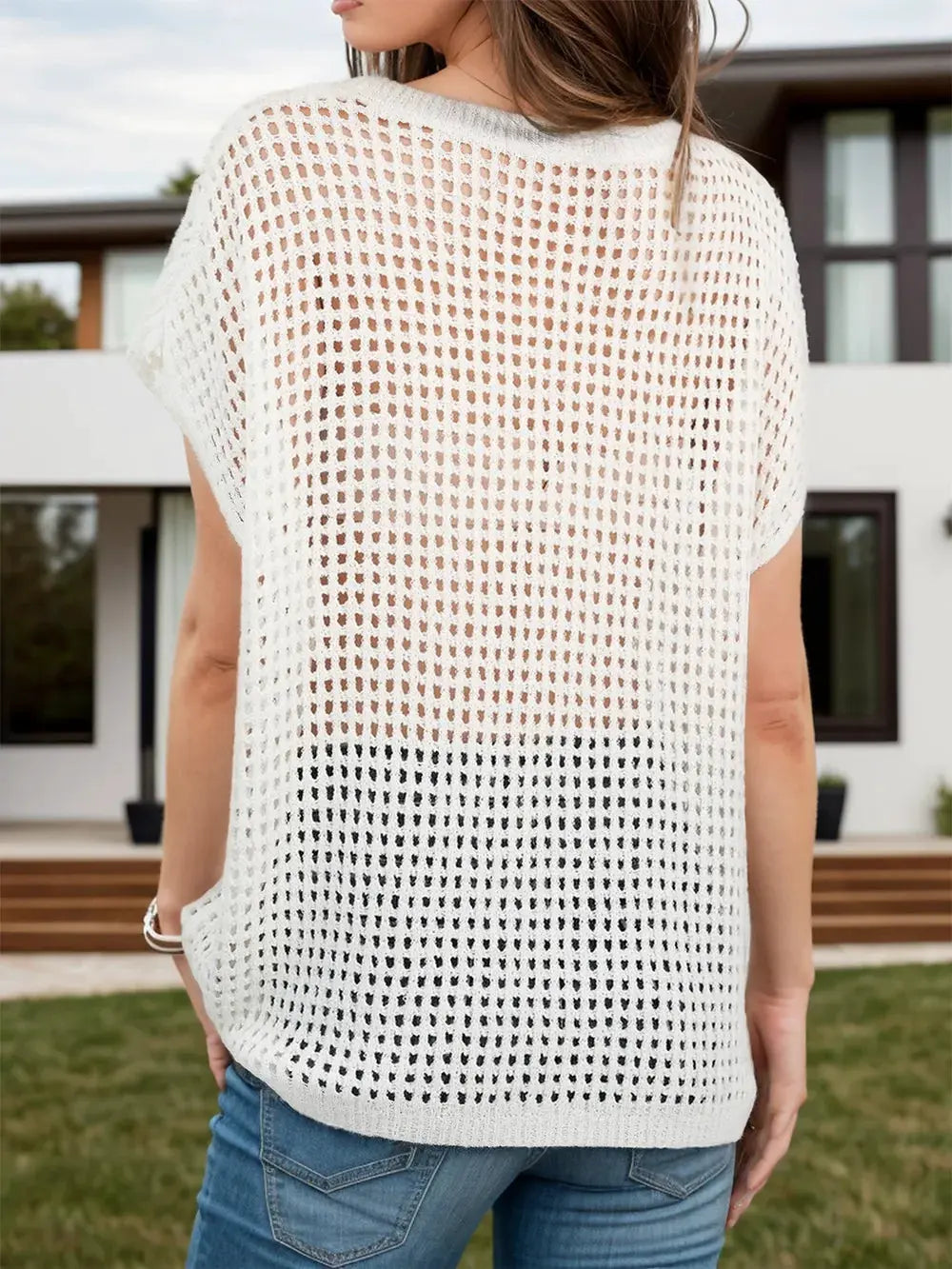 Openwork Round Neck Short Sleeve Cover-Up by Partner Labels