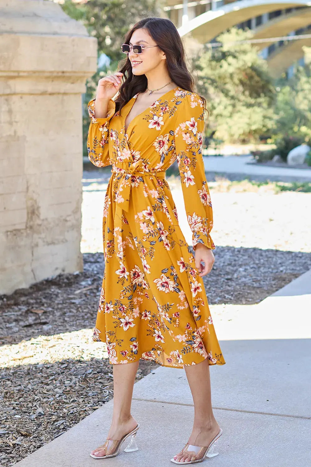 Double Take Full Size Floral Tie Back Flounce Sleeve Dress by Double Take