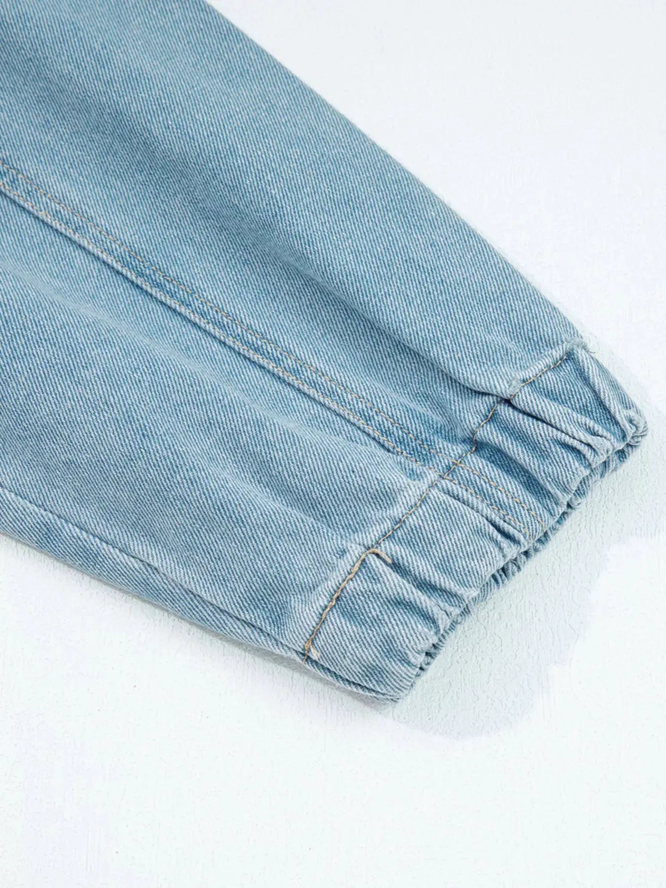 Elastic Edge Collared Zip Up Denim Jacket With Pocket by Partner Label