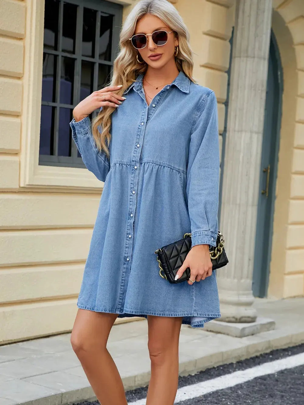 Tiered Button Up Long Sleeve Denim Dress by Partner Label