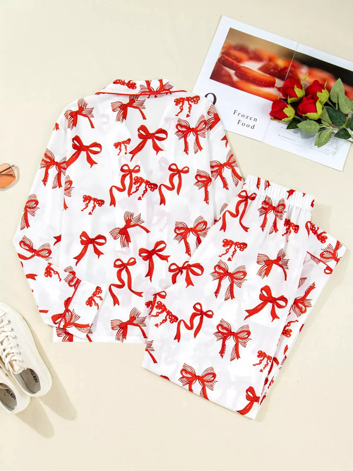 Christmas Bow Print Top and Pants 2pcs Pajama Set by Partner Label