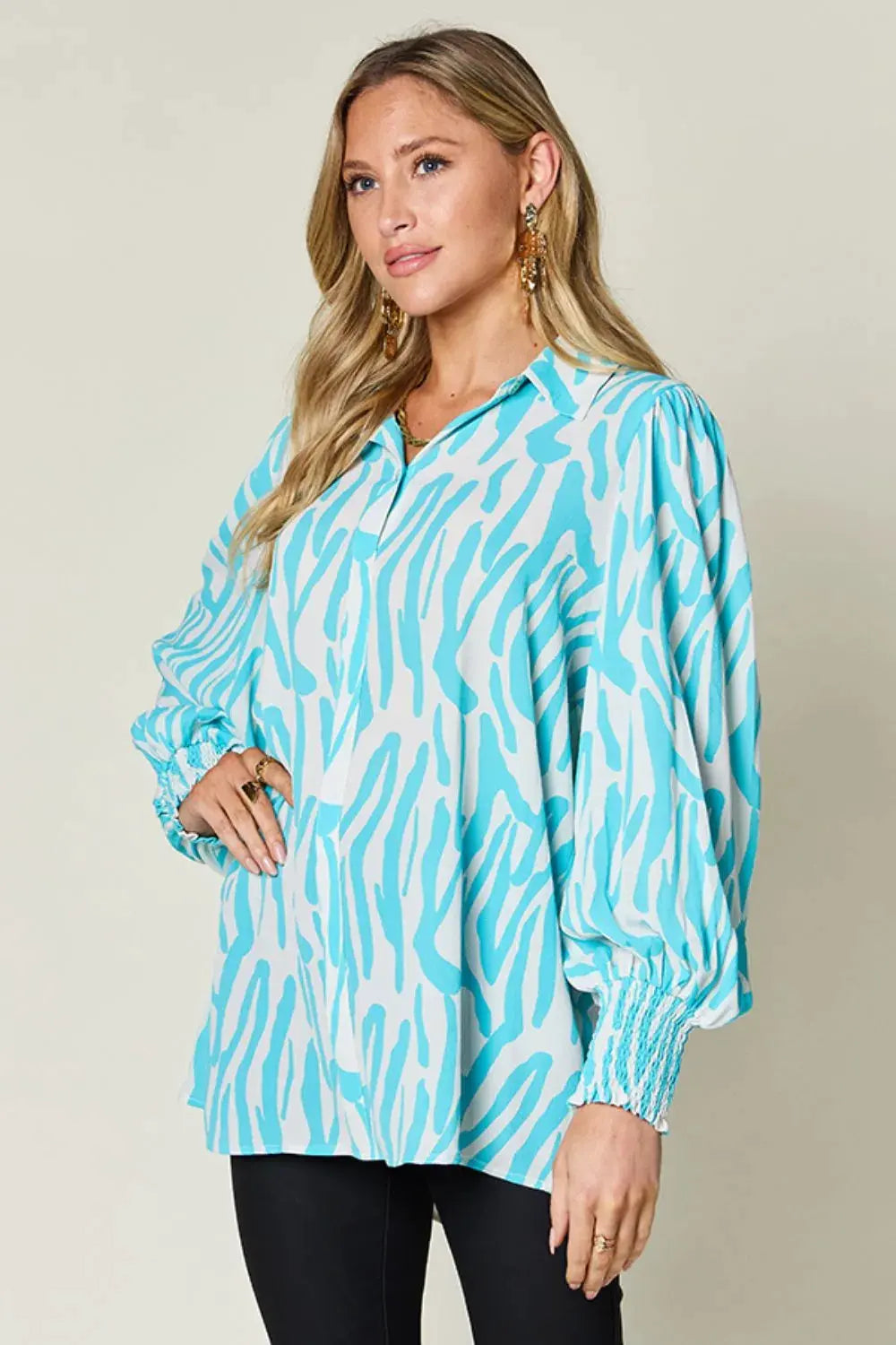 Double Take Full Size Printed Smocked Long Sleeve Blouse Plus Size by Double Take