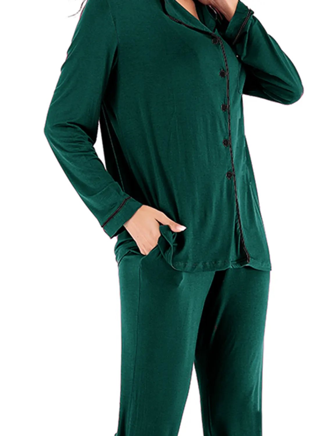 Collared Neck Long Sleeve Loungewear Set with Pockets by Partner Label
