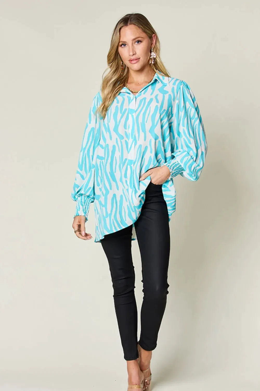 Double Take Full Size Printed Smocked Long Sleeve Blouse Plus Size by Double Take