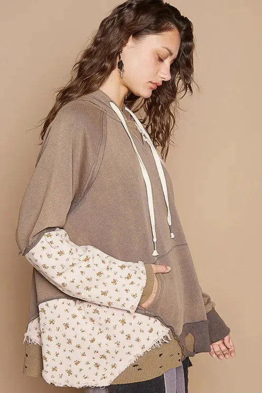 POL Floral Patchwork Distressed Drawstring Hoodie by POL