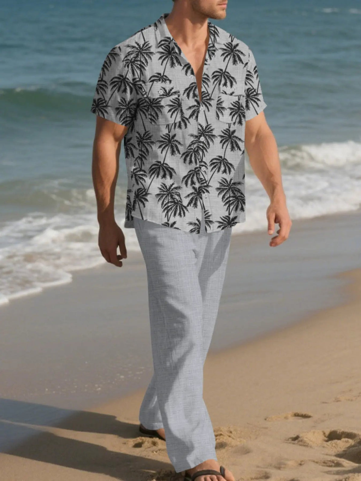 Men's Full Size Tropical Palm Print Button Up Shirt and Pants Set Plus Size by Trendsi