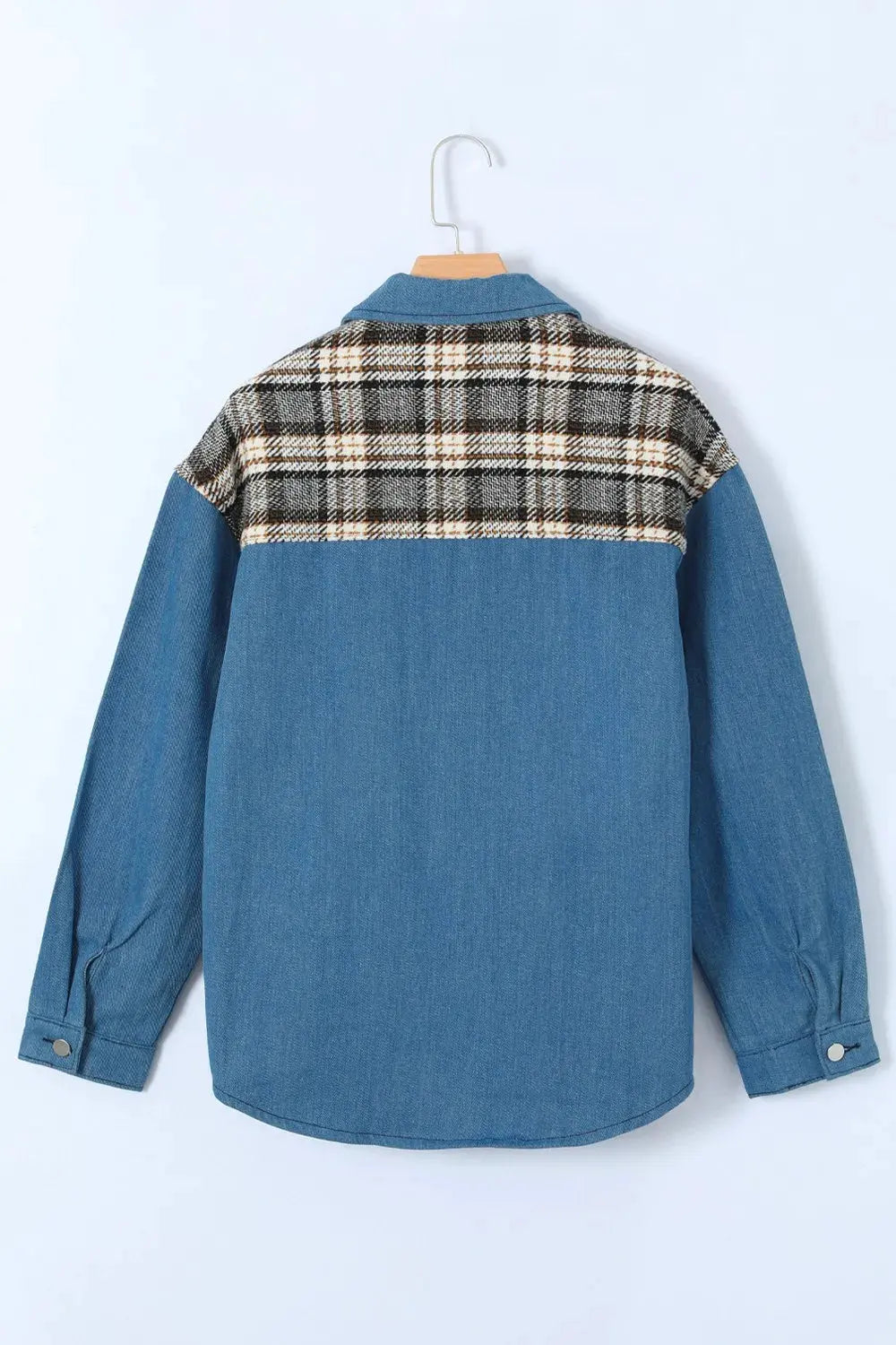 Plaid Pocketed Button Up Denim Jacket by Partner Label