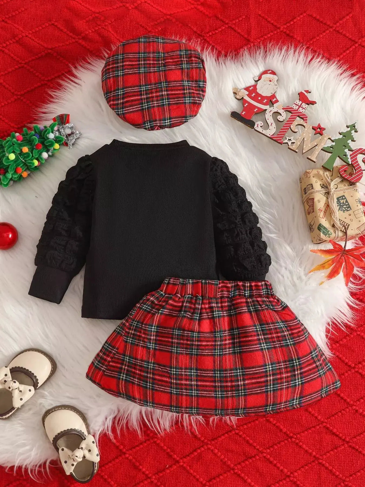 Children's Puff Sleeve Top and Plaid Skirt Set with Hat by Trendsi