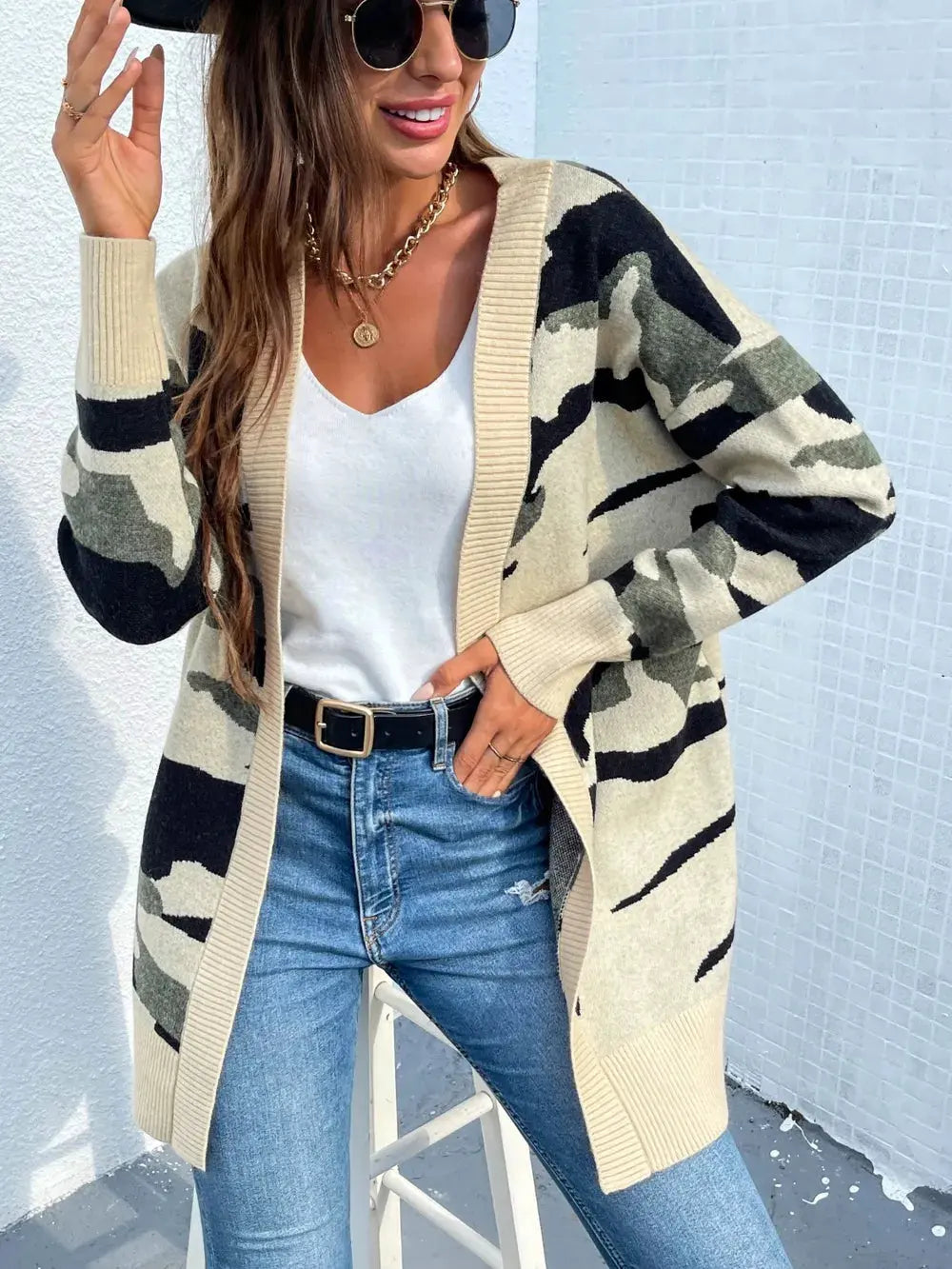 Camouflaged Dropped Shoulder Open Front Cardigan by Partner Label