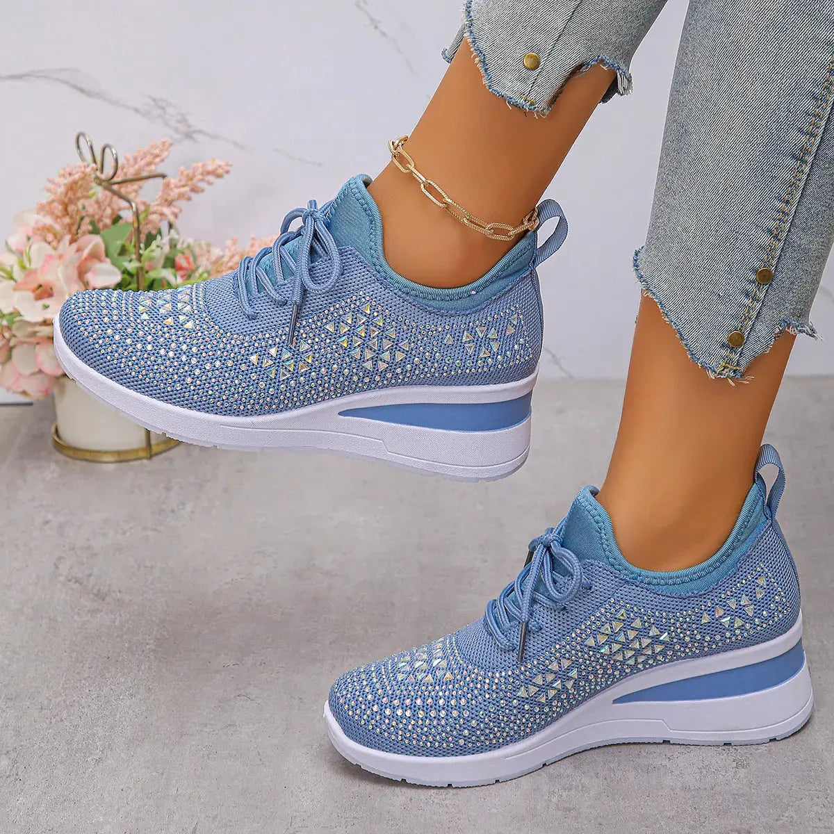 Breathable Mesh Rhinestone Wedge Athletic Sneakers by Partner Label