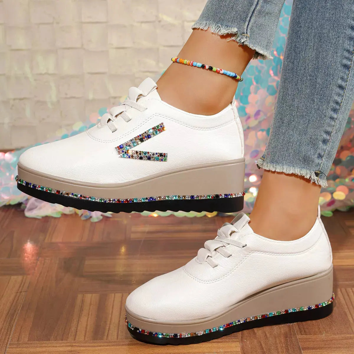 Rhinestone Round Toe Wedge Sneakers by Partner Label