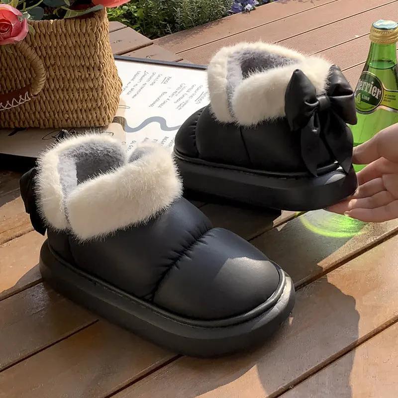 Winter Women Cute Warm Ankle Boots Outdoor Non-slip Thick Sole Snow Boots Furry Bow Cotton Shoes Men Pu Waterproof Plush Boots by Maiden-Art