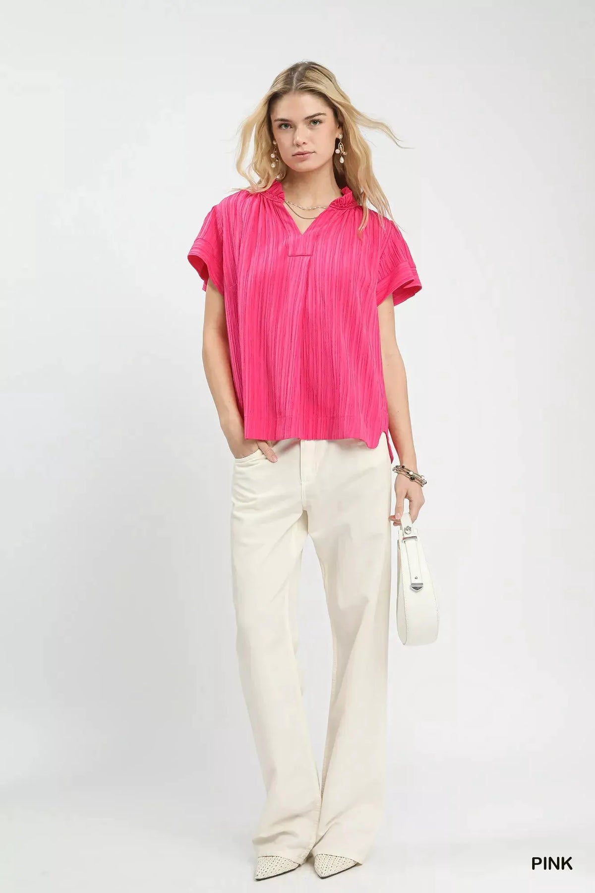 Umgee Texture Flutter Sleeve Notched Blouse by Umgee