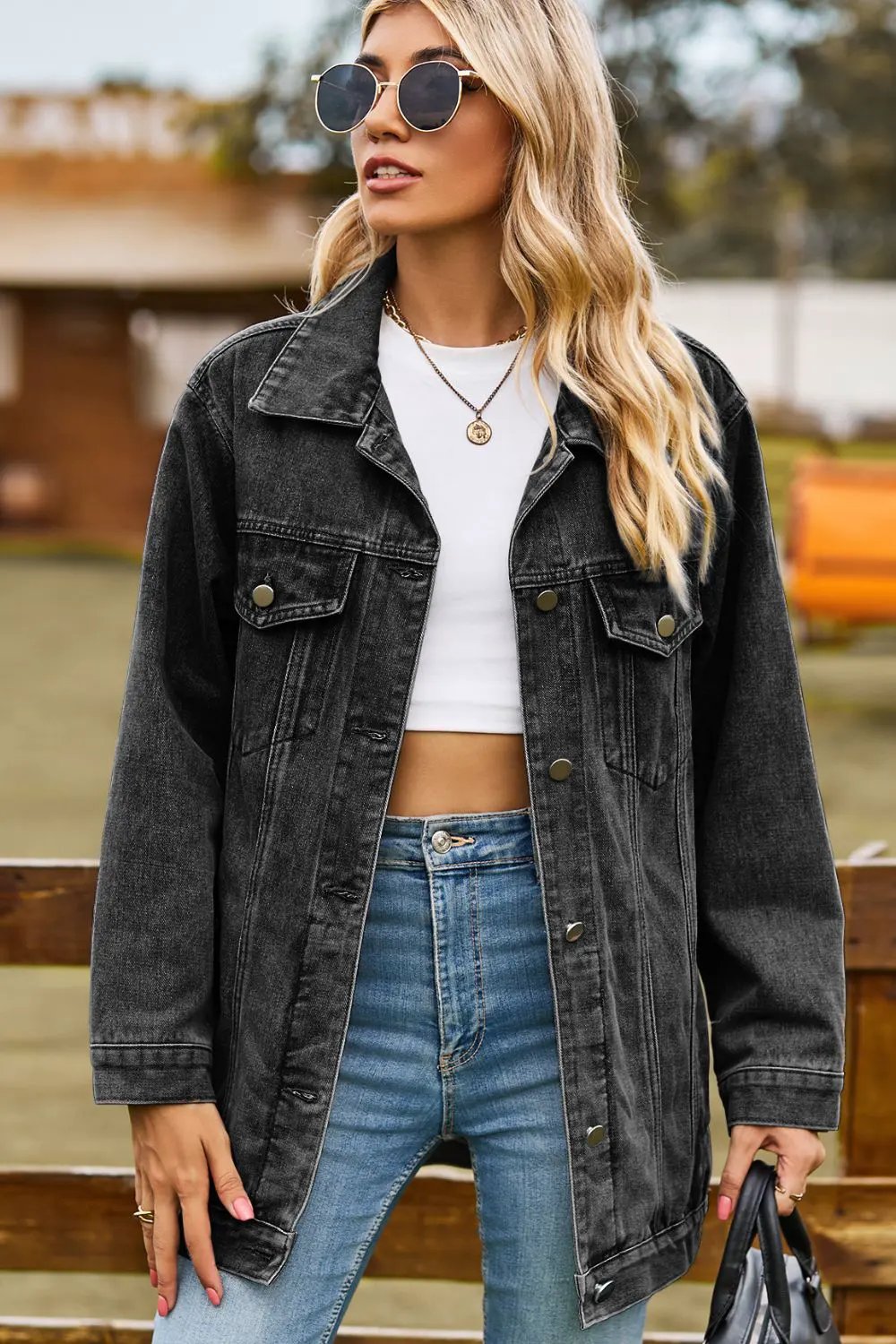 Buttoned Collared Neck Denim Jacket with Pockets by Partner Label