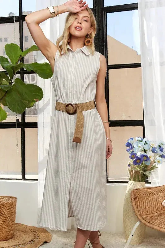 ADORA Striped Button Down Sleeveless Midi Dress by ADORA