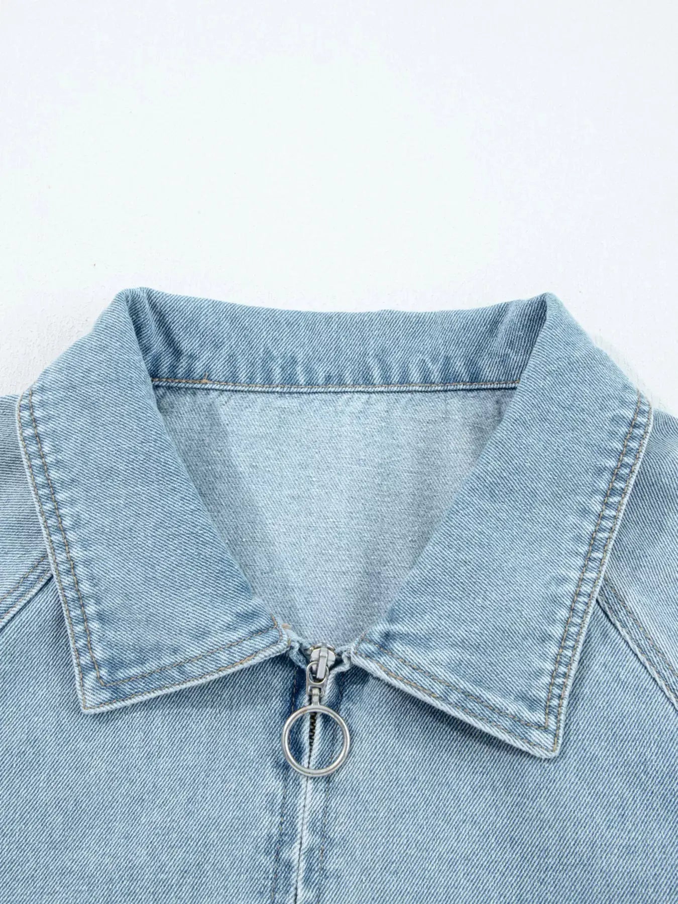 Elastic Edge Collared Zip Up Denim Jacket With Pocket by Partner Label