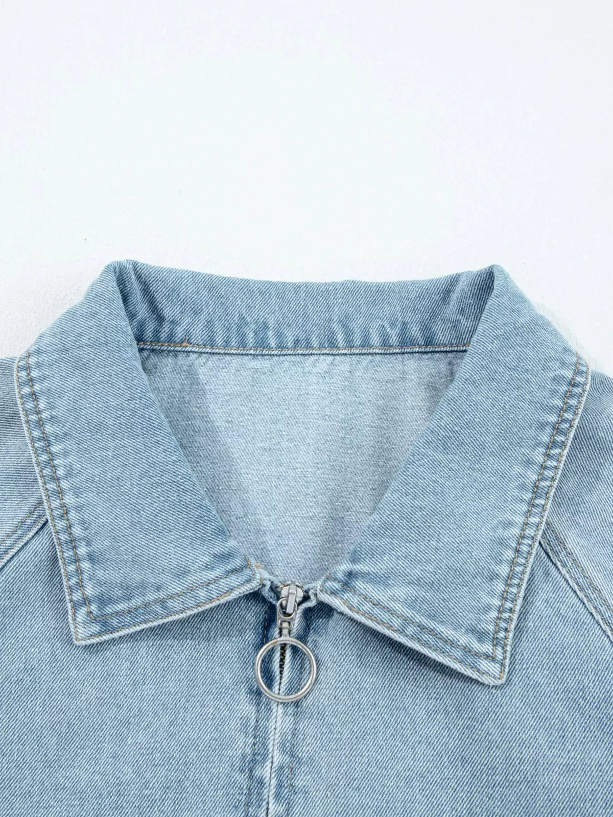 Elastic Edge Collared Zip Up Denim Jacket With Pocket by Partner Label