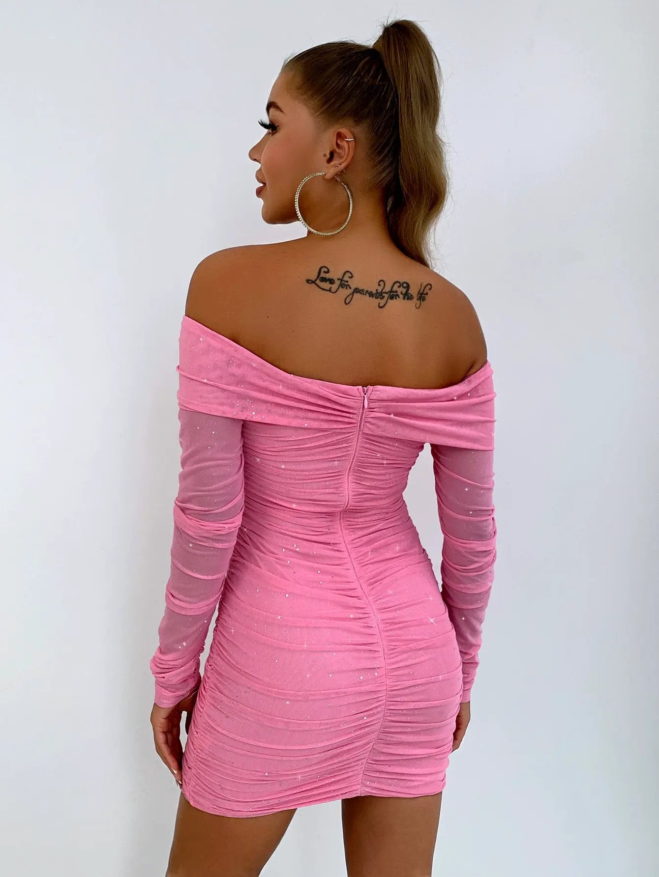 Glitter Ruched Off-Shoulder Long Sleeve Bodycon Dress by Partner Label