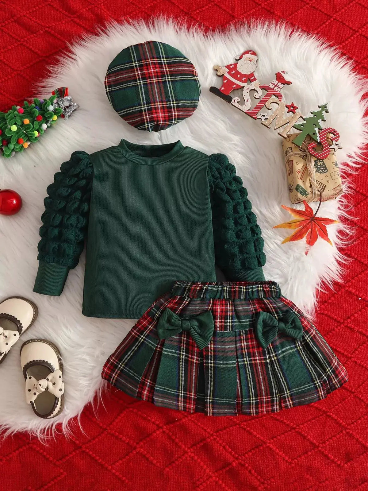 Children's Puff Sleeve Top and Plaid Skirt Set with Hat by Trendsi
