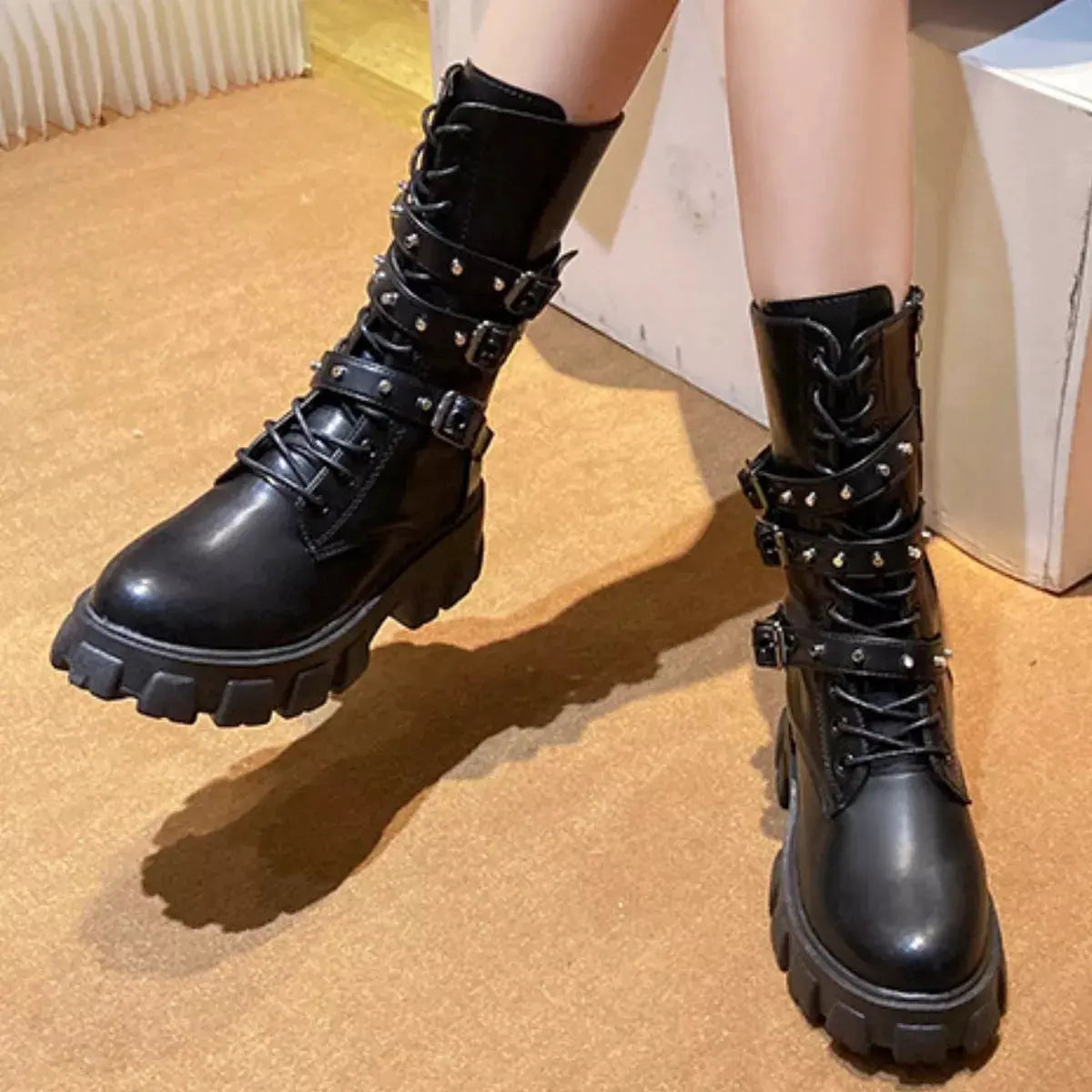 Buckled Lace-Up Combat Boots by Partner Label