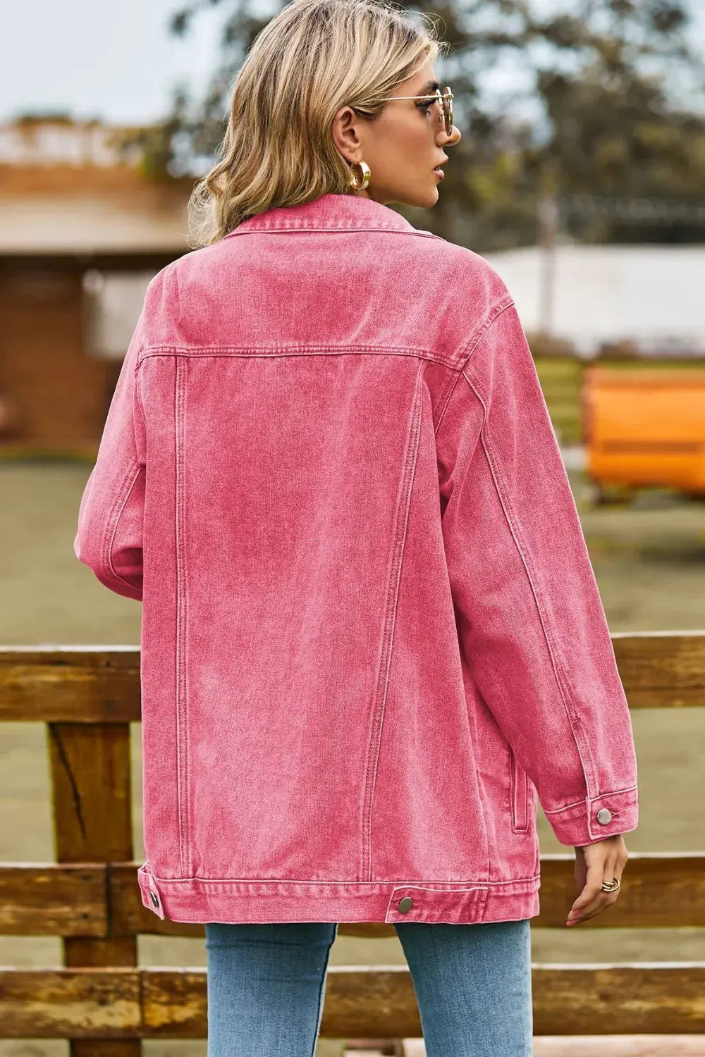 Buttoned Collared Neck Denim Jacket with Pockets by Partner Label