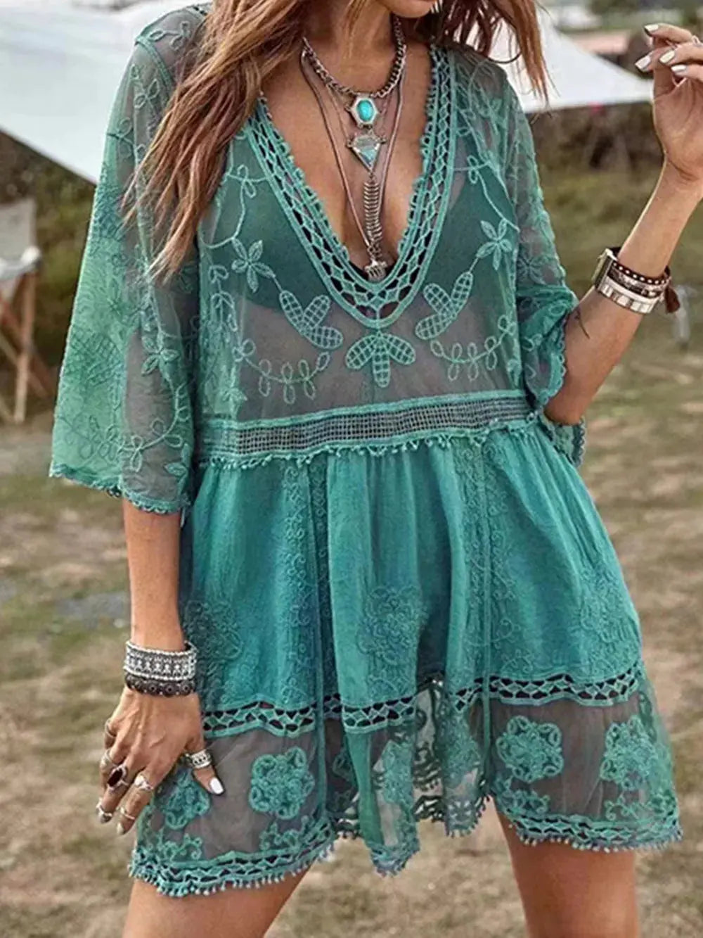 Lace Detail Plunge Cover-Up Dress by Partner Label