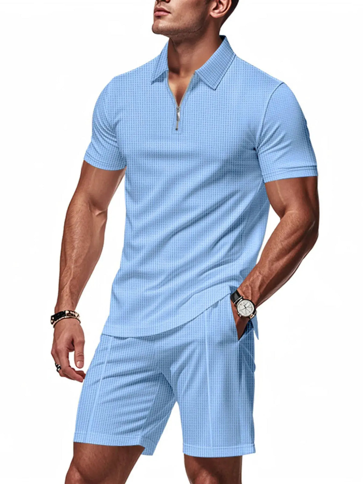 Men's Plus Size Quarter Zip Short Sleeve Top and Shorts Set by Trendsi
