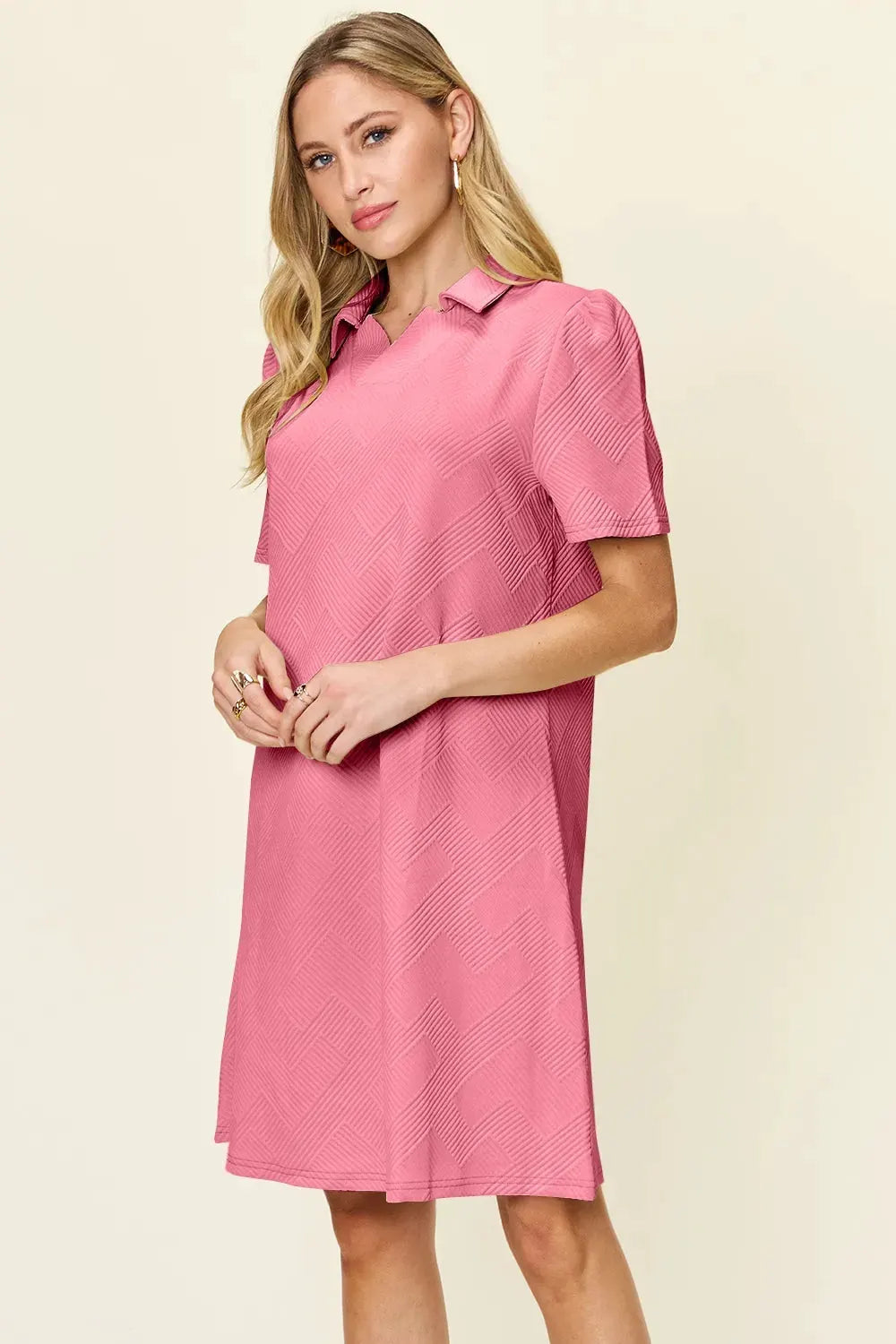 Double Take Full Size Texture Collared Neck Short Sleeve Dress by Double Take