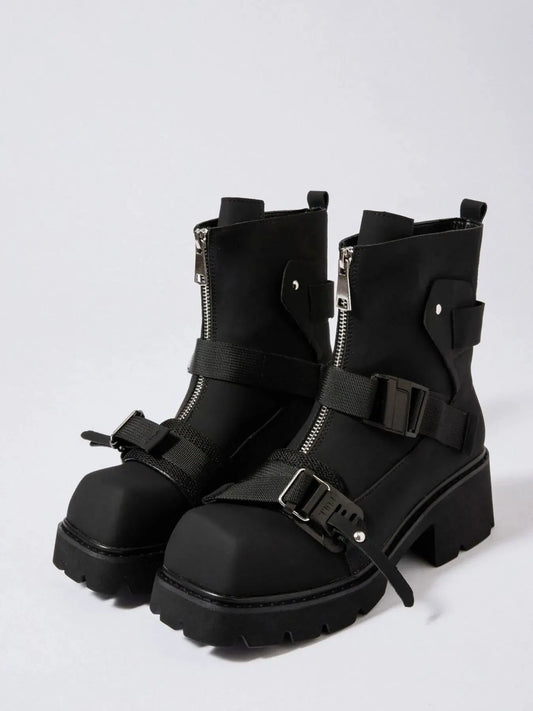 Chunky Platform Boots with Buckle Straps and Front Zip by Partner Label
