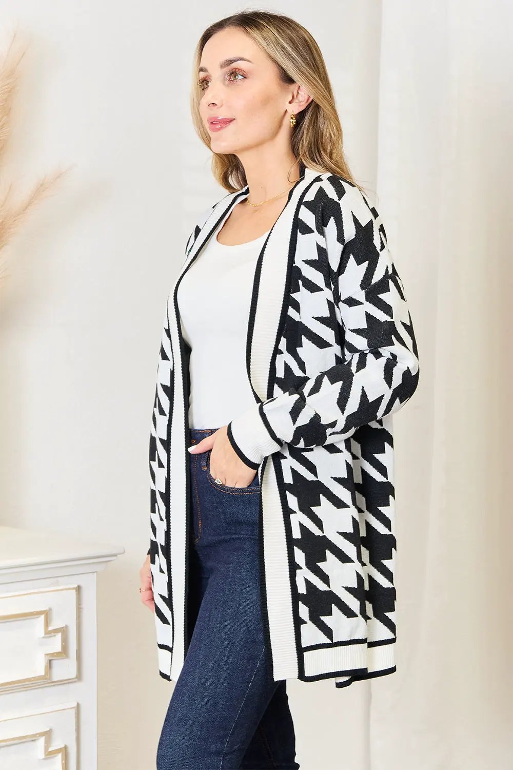 Mandy Woven Right Houndstooth Open Front Longline Cardigan by Woven Right